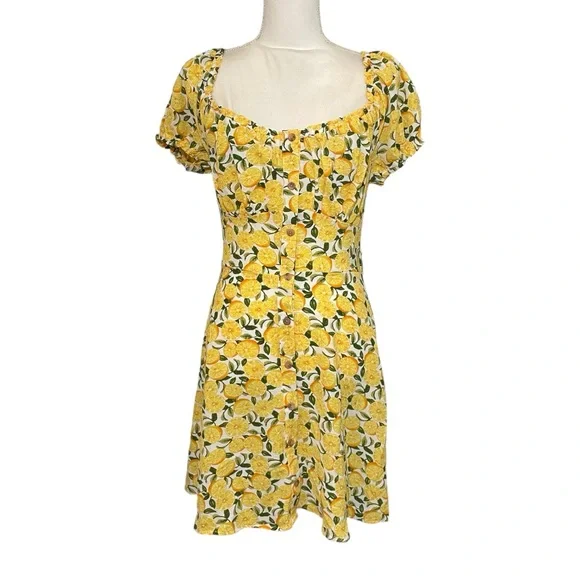 NWT BAILEY BLUE Lemon Print Mini Dress Square Neck Puff Sleeve Smocked Fruit New - Picture 4 of 9